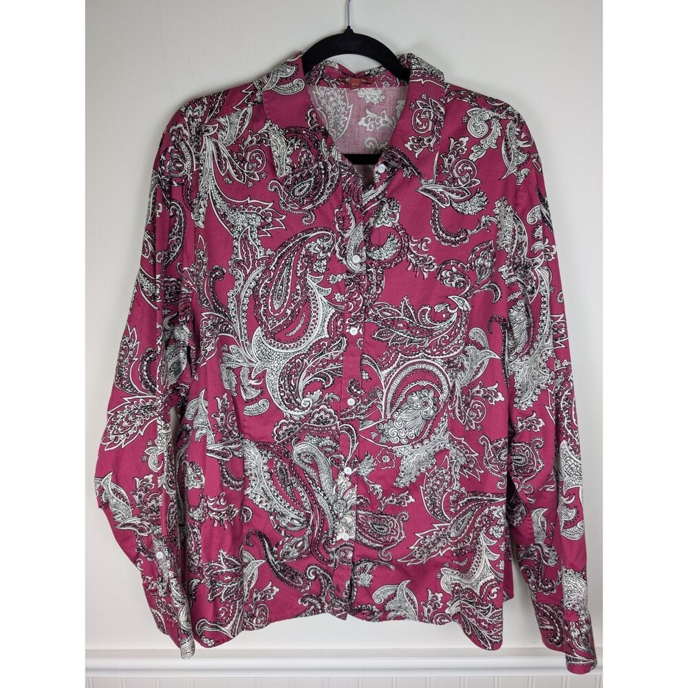 Talbots Blouse Top Sz Plus 22W Stretch Long Sleeve Pink Purple Paisley Button Up